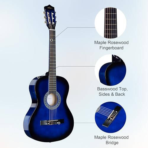 ADM Başlangıç Akustik Klasik Gitar 38 İnç Naylon Telleri Ahşap Gitar Paketi Çocuklar Çocuk Kız Öğrenci Gençlik Gitarra Online Dersler Gig Çantası, Kayış, Akort Aleti, Teller, Mavi - 4