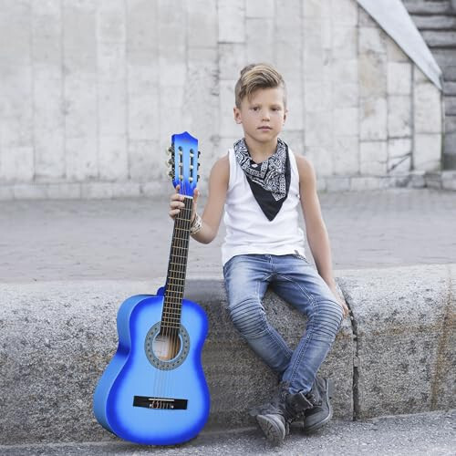 ADM Beginner Acoustic Classical Guitar 34 Inch Nylon Strings Wooden Guitar Bundle Kit for Kid Boy Girl Student Youth Guitarra Online Lessons with Gig Bag, Strap, Tuner, Strings, Picks, Blue - 2