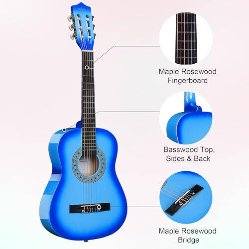 ADM Beginner Acoustic Classical Guitar 34 Inch Nylon Strings Wooden Guitar Bundle Kit for Kid Boy Girl Student Youth Guitarra Online Lessons with Gig Bag, Strap, Tuner, Strings, Picks, Blue - 4