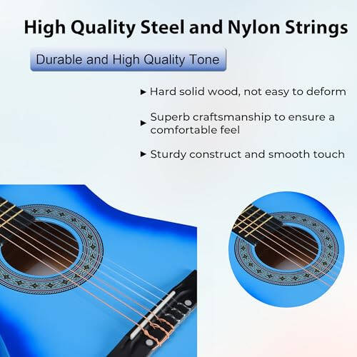 ADM Beginner Acoustic Classical Guitar 34 Inch Nylon Strings Wooden Guitar Bundle Kit for Kid Boy Girl Student Youth Guitarra Online Lessons with Gig Bag, Strap, Tuner, Strings, Picks, Blue - 6