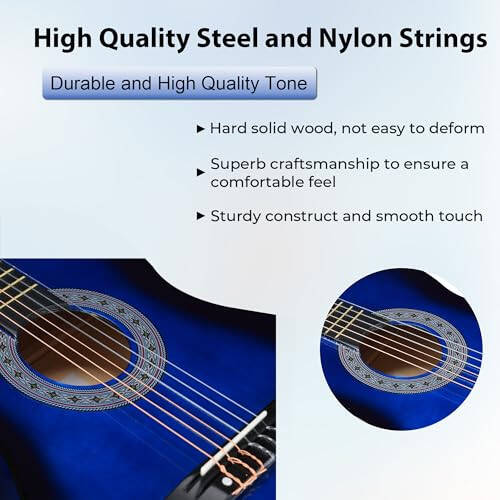 ADM Beginner Acoustic Classical Guitar 38 Inch Nylon Strings Wooden Guitar Bundle Kit for Kid Boy Girl Student Youth Guitarra Online Lessons with Gig Bag, Strap, Tuner, Strings, Blue - 6