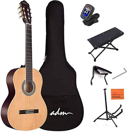 ADM Full Size Classical Nylon Strings Acoustic Guitar 39 Inch Classic Guitarra Starter Bundle for Adult with Free Lessons, Gig Bag, Tuner, Footstool, Kids Student Beginner Kits, Nature - 1