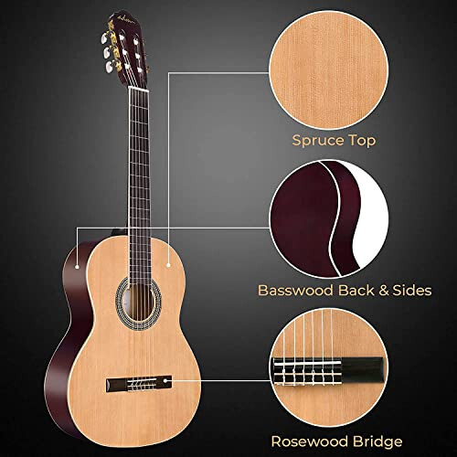 ADM Full Size Classical Nylon Strings Acoustic Guitar 39 Inch Classic Guitarra Starter Bundle for Adult with Free Lessons, Gig Bag, Tuner, Footstool, Kids Student Beginner Kits, Nature - 4