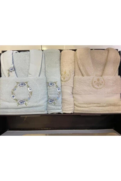 ADORA BAMBOO EMBROIDERED 3D FAMILY BATHROBE SET MINT/BEIGE - ÇIRPAN EV