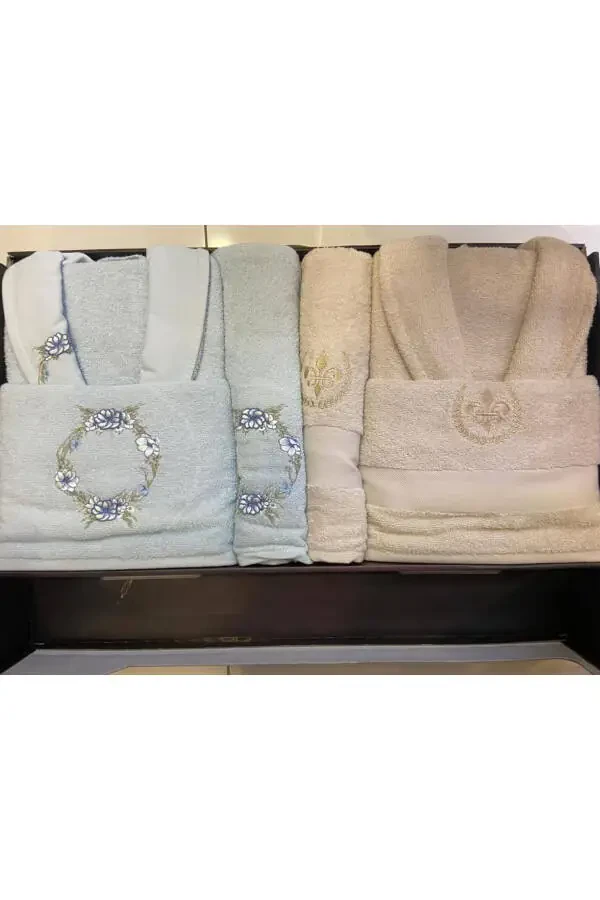 ADORA BAMBOO EMBROIDERED 3D FAMILY BATHROBE SET MINT/BEIGE - 1