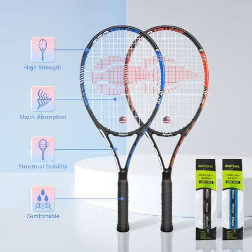 Adult 2 Player Tennis Racket Perfect for Beginner and Professional Players, 27” Speed Tennis Racquet Include Tennis Balls, Overgrips, Tennis Bag, Vibration Dampe, Cover - 2