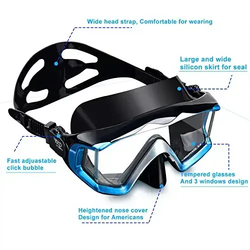 Adult Pano 3 Scuba Diving Mask, Tempered Glass Snorkel Mask Anti-Fog Swim Mask No Leakage Swim Goggles with Nose Cover Snorkeling Gear for Snorkeling, Freediving, Swimming - 3