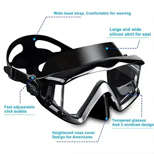 Adult Pano 3 Scuba Diving Mask, Tempered Glass Snorkel Mask Anti-Fog Swim Mask No Leakage Swim Goggles with Nose Cover Snorkeling Gear for Snorkeling, Freediving, Swimming - 4