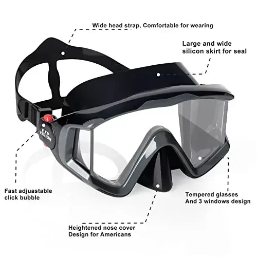 Adult Pano 3 Scuba Diving Mask, Tempered Glass Snorkel Mask Anti-Fog Swim Mask No Leakage Swim Goggles with Nose Cover Snorkeling Gear for Snorkeling, Freediving, Swimming - 3