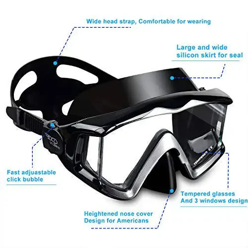 Adult Pano 3 Window Scuba Diving Mask, Tempered Glass Snorkel Mask Anti-Fog Swim Mask No Leakage Swim Goggles with Nose Cover Snorkeling Gear for Snorkeling, Freediving, Swimming - 3