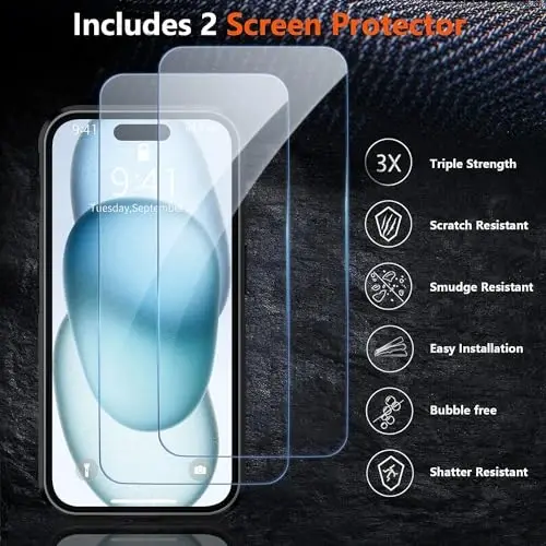 AEDILYS iPhone 15 Kılıfı için Darbeye Dayanıklı, [15 FT Askeri Sınıf Düşme Koruması], 2X [Temperli Cam Ekran Koruyucu] Hava Tamponlu Tam Gövde Koruyucu Telefon Kılıfı, Mavi Siyah - 5