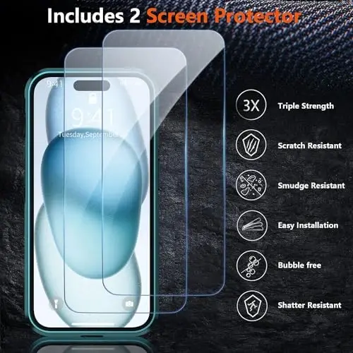AEDILYS Shockproof for iPhone 15 Case,[15 FT Military Grade Drop Protection],with 2X [Tempered Glass Screen Protector ] with Air Bumpers Full-Body Protective Phone Case, (Green) - 4