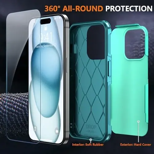 AEDILYS iPhone 15 Kılıfı için Darbeye Dayanıklı, [15 FT Askeri Sınıf Düşme Koruması], 2X [Temperli Cam Ekran Koruyucu] Hava Tamponlu Tam Gövde Koruyucu Telefon Kılıfı, (Yeşil) - 5