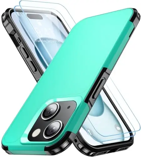 AEDILYS iPhone 15 Kılıfı için Darbeye Dayanıklı, [15 FT Askeri Sınıf Düşme Koruması], 2X [Temperli Cam Ekran Koruyucu] Hava Tamponlu Tam Gövde Koruyucu Telefon Kılıfı, (Yeşil Siyah) - 1