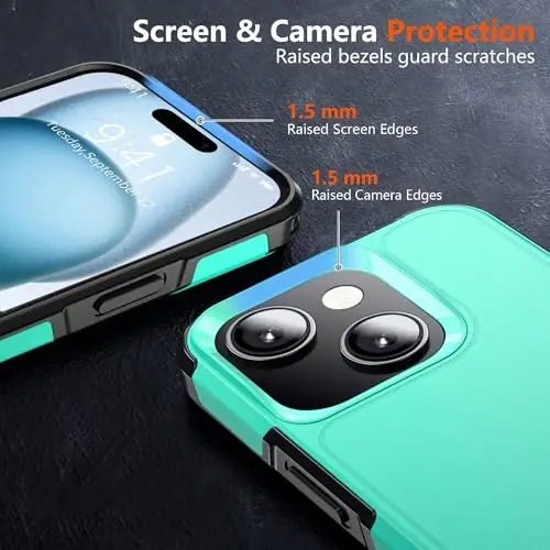 AEDILYS iPhone 15 Kılıfı için Darbeye Dayanıklı, [15 FT Askeri Sınıf Düşme Koruması], 2X [Temperli Cam Ekran Koruyucu] Hava Tamponlu Tam Gövde Koruyucu Telefon Kılıfı, (Yeşil Siyah) - 2