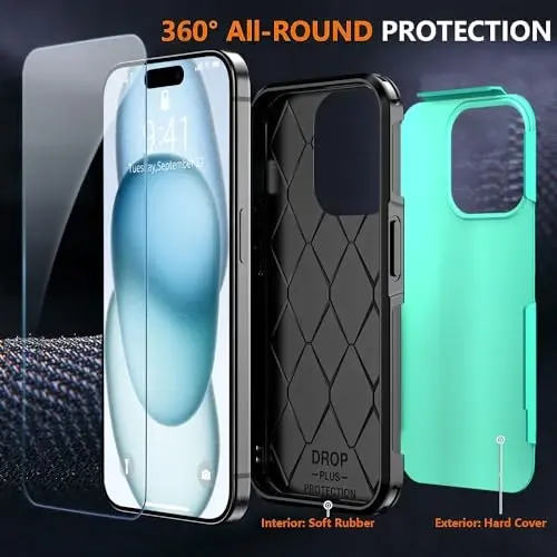 AEDILYS iPhone 15 Kılıfı için Darbeye Dayanıklı, [15 FT Askeri Sınıf Düşme Koruması], 2X [Temperli Cam Ekran Koruyucu] Hava Tamponlu Tam Gövde Koruyucu Telefon Kılıfı, (Yeşil Siyah) - 4