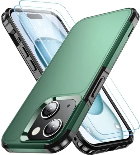 AEDILYS Shockproof for iPhone 15 Case,[15 FT Military Grade Drop Protection],with 2X [Tempered Glass Screen Protector ] with Air Bumpers Full-Body Protective Phone Case, Dark Green - 1