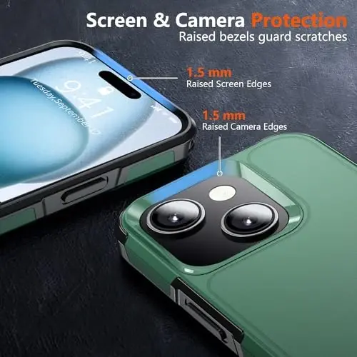 AEDILYS Shockproof for iPhone 15 Case,[15 FT Military Grade Drop Protection],with 2X [Tempered Glass Screen Protector ] with Air Bumpers Full-Body Protective Phone Case, Dark Green - 2