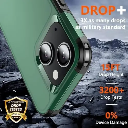 AEDILYS Shockproof for iPhone 15 Case,[15 FT Military Grade Drop Protection],with 2X [Tempered Glass Screen Protector ] with Air Bumpers Full-Body Protective Phone Case, Dark Green - 3