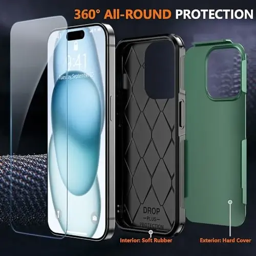 AEDILYS Shockproof for iPhone 15 Case,[15 FT Military Grade Drop Protection],with 2X [Tempered Glass Screen Protector ] with Air Bumpers Full-Body Protective Phone Case, Dark Green - 4