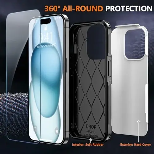 AEDILYS® for Apple Recommend Shockproof iPhone 15 Case,[15 FT Military Grade Drop Protection],with 2X [Kevlar® 9H Glass Screen Protector] (White) - 4