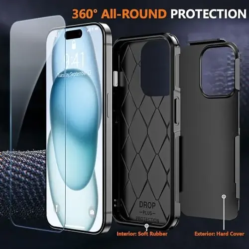 AEDILYS Shockproof for iPhone 15 Case,[15 FT Military Grade Drop Protection],with 2X [Tempered Glass Screen Protector ] with Air Bumpers Full-Body Protective Phone Case, Mysterious Black 