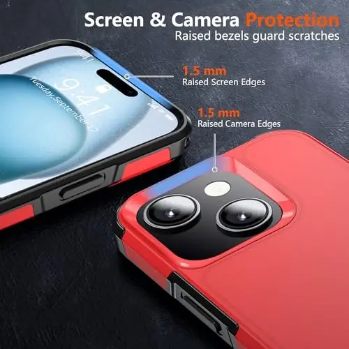 AEDILYS Shockproof for iPhone 15 Case,[15 FT Military Grade Drop Protection],with 2X [Tempered Glass Screen Protector ] with Air Bumpers Full-Body Protective Phone Case,Red Black - 2