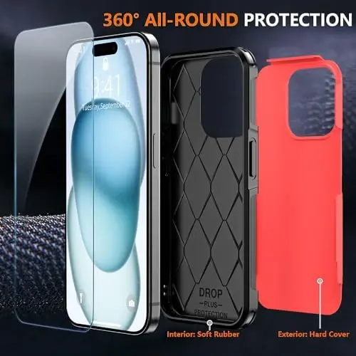 AEDILYS Shockproof for iPhone 15 Case,[15 FT Military Grade Drop Protection],with 2X [Tempered Glass Screen Protector ] with Air Bumpers Full-Body Protective Phone Case,Red Black - 4