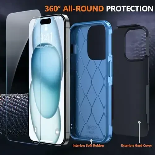 AEDILYS Shockproof for iPhone 15 Case,[15 FT Military Grade Drop Protection],with 2X [Tempered Glass Screen Protector ] with Air Bumpers Full-Body Protective Phone Case, Royal Blue - 5