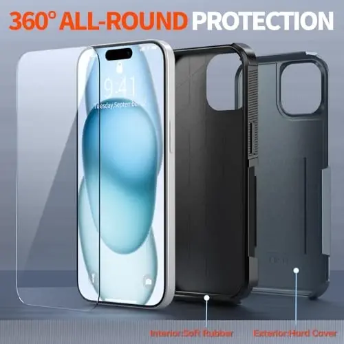 AEDILYS Shockproof for iPhone 15 Case,[15 FT Military Grade Drop Protection],with 2X [Tempered Glass Screen Protector ] with Air Bumpers Full-Body Protective Phone Case, Royal Blue -Navy Blue - 4