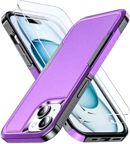 AEDILYS® for Apple Recommend Shockproof iPhone 15 Case,[15 FT Military Grade Drop Protection],with 2X [Kevlar® 9H Glass Screen Protector] (Purple) - 1