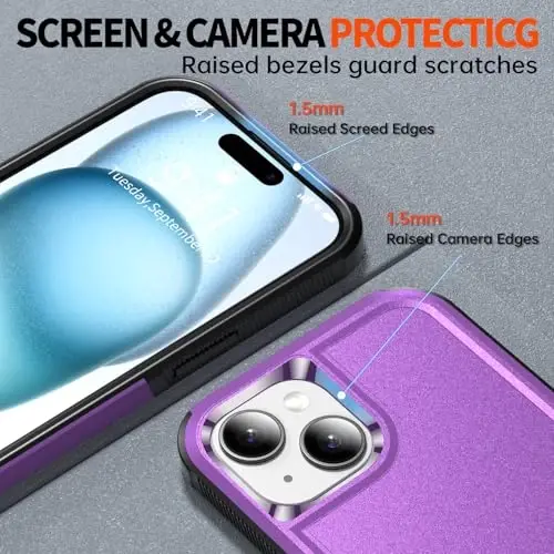 AEDILYS® for Apple Recommend Shockproof iPhone 15 Case,[15 FT Military Grade Drop Protection],with 2X [Kevlar® 9H Glass Screen Protector] (Purple) - 2