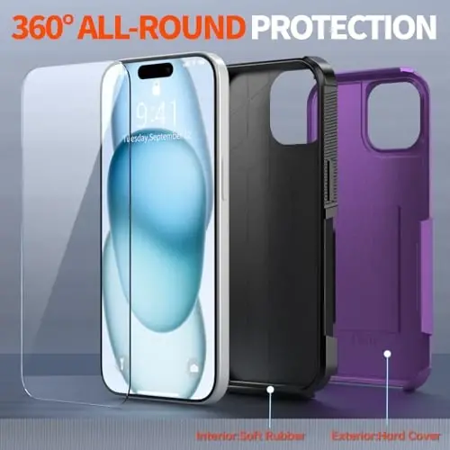 AEDILYS® for Apple Recommend Shockproof iPhone 15 Case,[15 FT Military Grade Drop Protection],with 2X [Kevlar® 9H Glass Screen Protector] (Purple) - 4