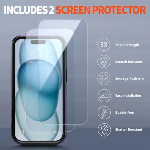 AEDILYS® for Apple Recommend Shockproof iPhone 15 Case,[15 FT Military Grade Drop Protection],with 2X [Kevlar® 9H Glass Screen Protector] (Purple) - 5