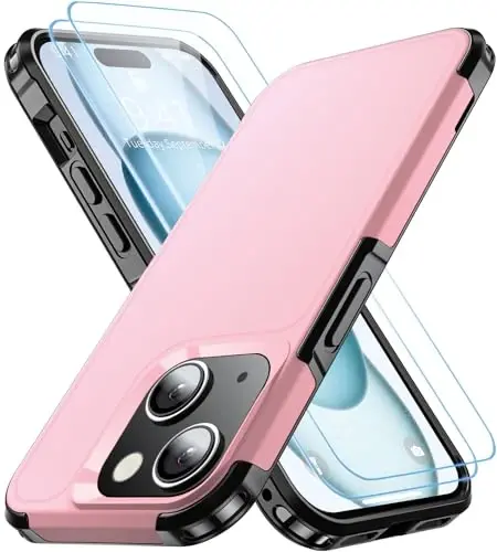 AEDILYS Shockproof for iPhone 15 Case,[15 FT Military Grade Drop Protection],with 2X [Tempered Glass Screen Protector ] with Air Bumpers Full-Body Protective Phone Case,Pink Black - 1
