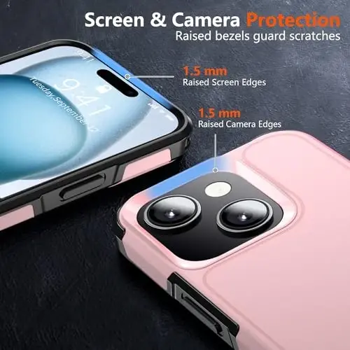 AEDILYS Shockproof for iPhone 15 Case,[15 FT Military Grade Drop Protection],with 2X [Tempered Glass Screen Protector ] with Air Bumpers Full-Body Protective Phone Case,Pink Black - 2