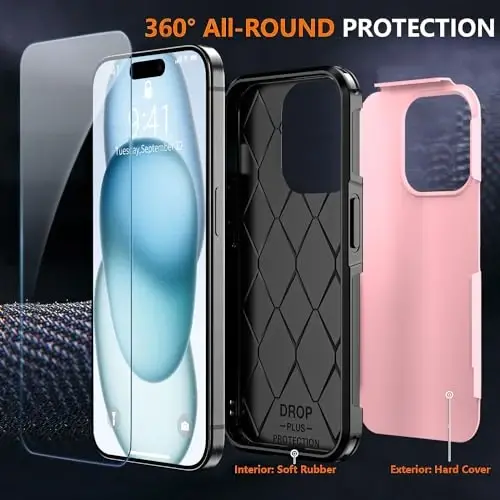 AEDILYS Shockproof for iPhone 15 Case,[15 FT Military Grade Drop Protection],with 2X [Tempered Glass Screen Protector ] with Air Bumpers Full-Body Protective Phone Case,Pink Black - 4