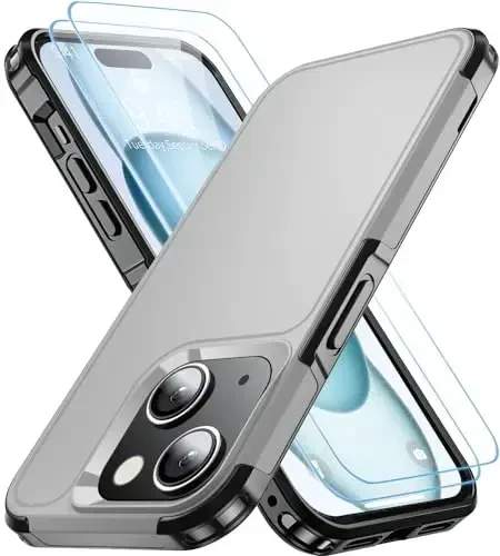 AEDILYS Shockproof for iPhone 15 Case,[15 FT Military Grade Drop Protection],with 2X [Tempered Glass Screen Protector ] with Air Bumpers Full-Body Protective Phone Case,Warship Grey - AEDILYS