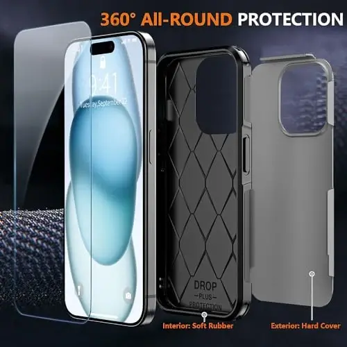 AEDILYS® for Apple Recommend Shockproof iPhone 15 Case,[15 FT Military Grade Drop Protection],with 2X [Kevlar® 9H Glass Screen Protector] (Warship Grey) - 4