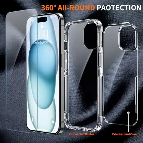 AEDILYS iPhone 15 Kılıfı için Darbeye Dayanıklı,[15 FT Askeri Sınıf Düşme Koruması], Hava Tamponlu Tam Gövde Koruyucu Telefon Kılıfı ile 2X [Temperli Cam Ekran Koruyucu], Şeffaf - 3