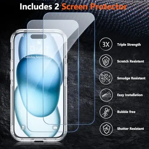 AEDILYS iPhone 15 Kılıfı için Darbeye Dayanıklı,[15 FT Askeri Sınıf Düşme Koruması], Hava Tamponlu Tam Gövde Koruyucu Telefon Kılıfı ile 2X [Temperli Cam Ekran Koruyucu], Şeffaf - 4