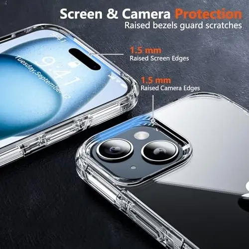 AEDILYS iPhone 15 Kılıfı için Darbeye Dayanıklı,[15 FT Askeri Sınıf Düşme Koruması], Hava Tamponlu Tam Gövde Koruyucu Telefon Kılıfı ile 2X [Temperli Cam Ekran Koruyucu], Şeffaf - 5