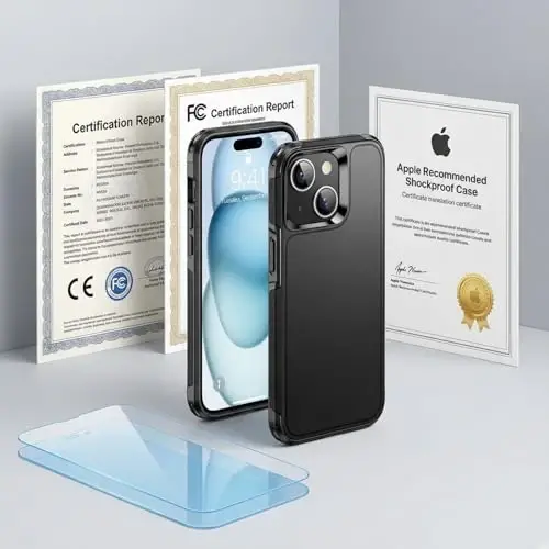 AEDILYS iPhone 15 uchun zarba o'tkazmaydigan g'ilof, [15 FT harbiy darajadagi tushishdan himoya], 2X [temperlangan shisha ekran himoyachisi] havo bamperli to'liq tanani himoya qiluvchi telefon g'ilofi, sirli qora 