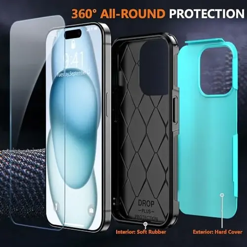 AEDILYS iPhone 15 uchun zarbadan himoya qiluvchi g'ilof, [15 FT harbiy darajadagi tushishdan himoya], 2X [Temperlangan shisha ekran himoyachisi] havo bamperlari bilan to'liq tanani himoya qiluvchi telefon g'ilofi, ko'k qora - 4