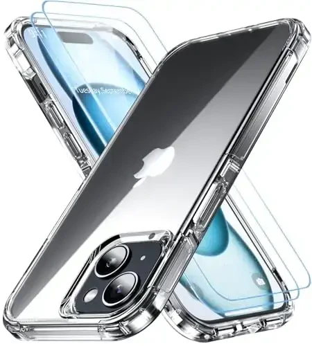 AEDILYS iPhone 15 uchun zarbga chidamli g'ilof, [15 FT harbiy darajadagi tushishdan himoya], 2X [Temperli shisha ekran himoyachisi] havo bamperlari bilan to'liq tanani himoya qiluvchi telefon g'ilofi, tiniq - AEDILYS