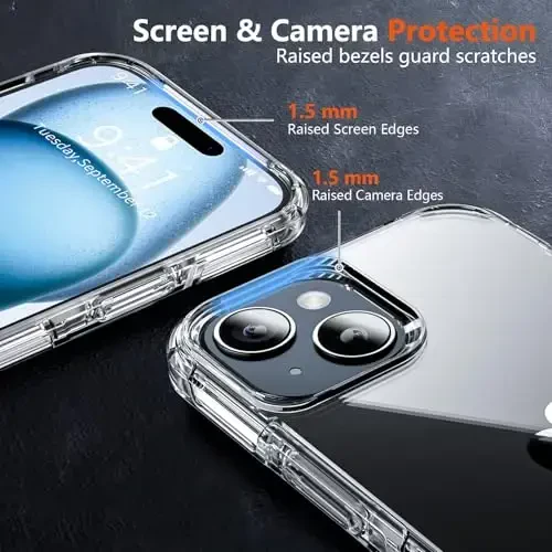 AEDILYS iPhone 15 uchun zarbga chidamli g'ilof, [15 FT harbiy darajadagi tushishdan himoya], 2X [Temperli shisha ekran himoyachisi] havo bamperlari bilan to'liq tanani himoya qiluvchi telefon g'ilofi, tiniq - 5