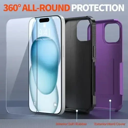 AEDILYS iPhone 15 uchun zarbga chidamli g'ilof, [15 FT harbiy standartga muvofiq himoya], 2X [temperlangan shisha ekran himoyachisi] havo bamperlari bilan to'liq himoya qiluvchi telefon g'ilofi - Binafsha - 4