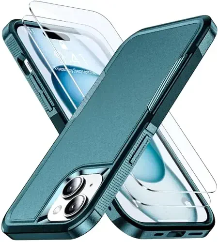AEDILYS iPhone 15 uchun zarbga chidamli g'ilof, [15 FT harbiy standartga muvofiq zarbadan himoya], 2X [temperli oynali ekran himoyachisi] havo bamperlari bilan to'liq himoya telefon g'ilofi, qora yashil - AEDILYS