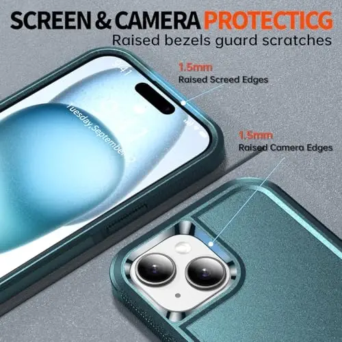 AEDILYS iPhone 15 uchun zarbga chidamli g'ilof, [15 FT harbiy standartga muvofiq zarbadan himoya], 2X [temperli oynali ekran himoyachisi] havo bamperlari bilan to'liq himoya telefon g'ilofi, qora yashil - 2