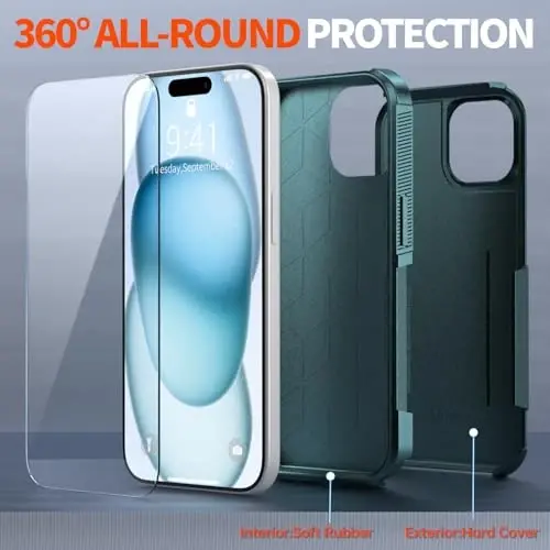 AEDILYS iPhone 15 uchun zarbga chidamli g'ilof, [15 FT harbiy standartga muvofiq zarbadan himoya], 2X [temperli oynali ekran himoyachisi] havo bamperlari bilan to'liq himoya telefon g'ilofi, qora yashil - 3